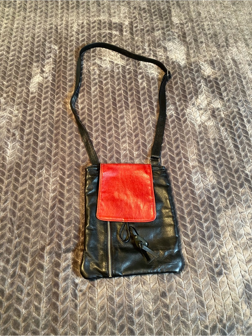 Black Leather Crossbody Bag with Red Flap